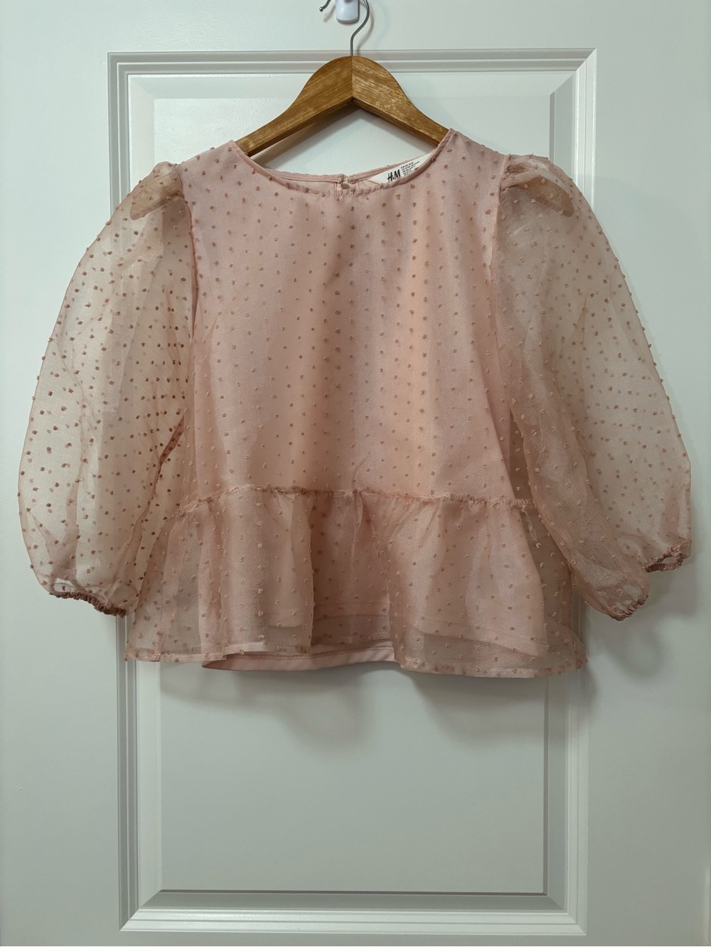 H&M Blush Pink Dot Sheer Sleeve Girl’s Top, Size 18 (~13-14Y)
